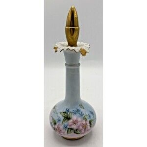 Vintage Hand Painted Porcelain Perfume Bottle W/Stopper Blue & Pink Floral 7.5”